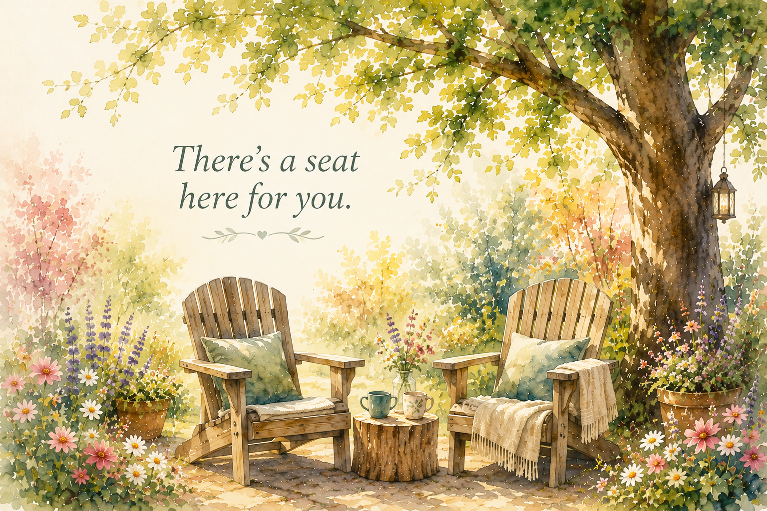 Two welcoming garden chairs beneath a tree, surrounded by flowers, with the words There’s a seat here for you.